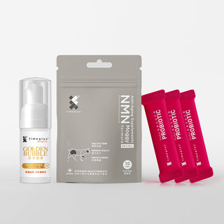 timeplus+ 貓隻體驗裝（NMN命活配方10粒）+（便樂妥腸胃益生菌 3包）+（黃金泡沫試用裝） - Timeplus+